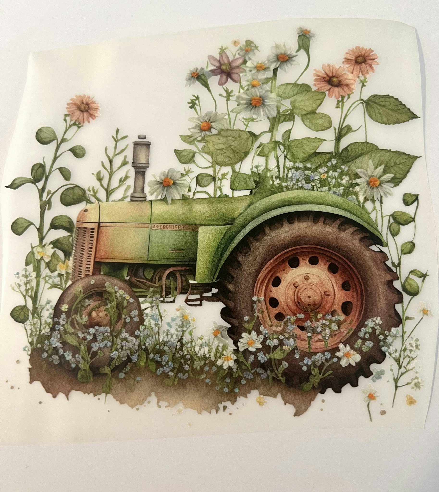Strykemerke grønn traktor med blomster liten