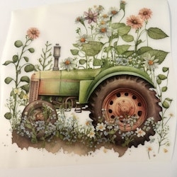 Strykemerke grønn traktor med blomster liten