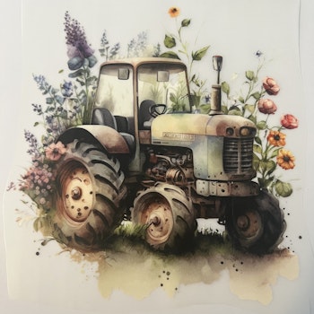 Strykemerke gammel traktor med lilla blomster stor