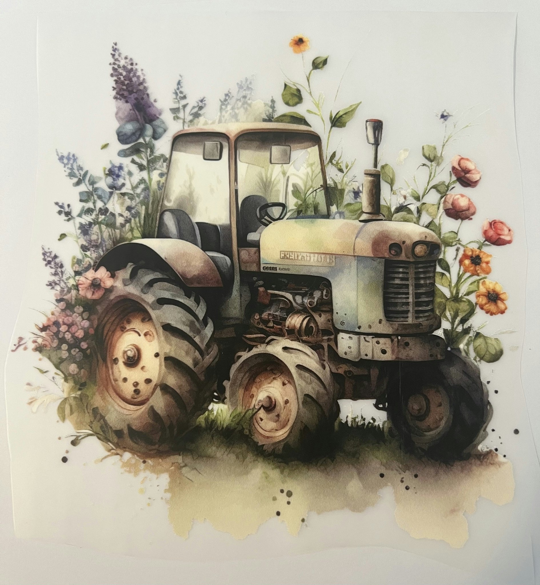 Strykemerke gammel traktor m lilla blomster liten