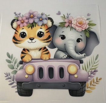Tiger og elefant i lilla jeep DTF