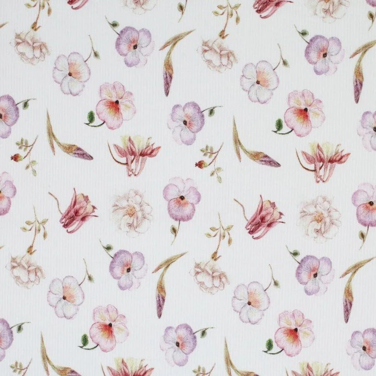 Rib Knit Jersey Pink Sketch Flowers