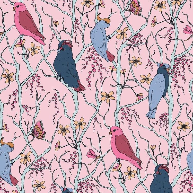 Quilters Cotton Cockatoos Cool Berry
