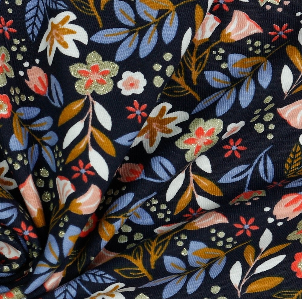 Jersey Glitter Happy Flower Navy