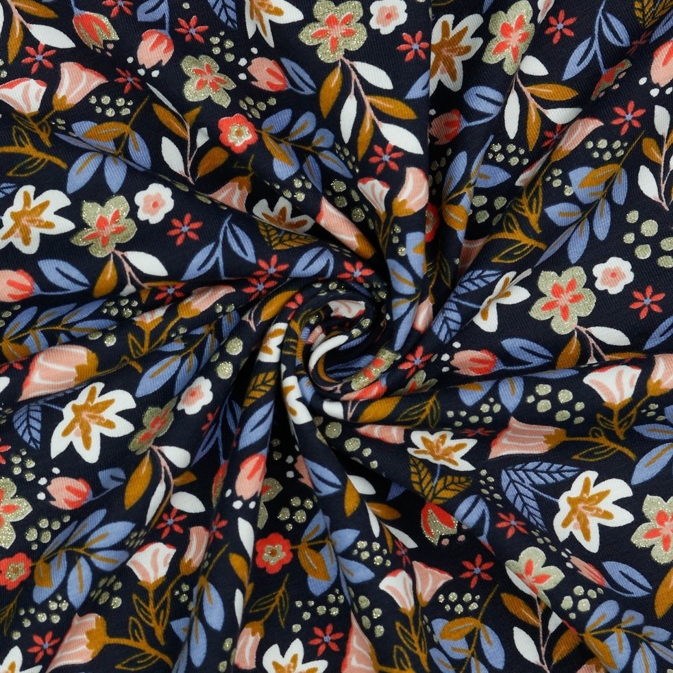 Jersey Glitter Happy Flower Navy