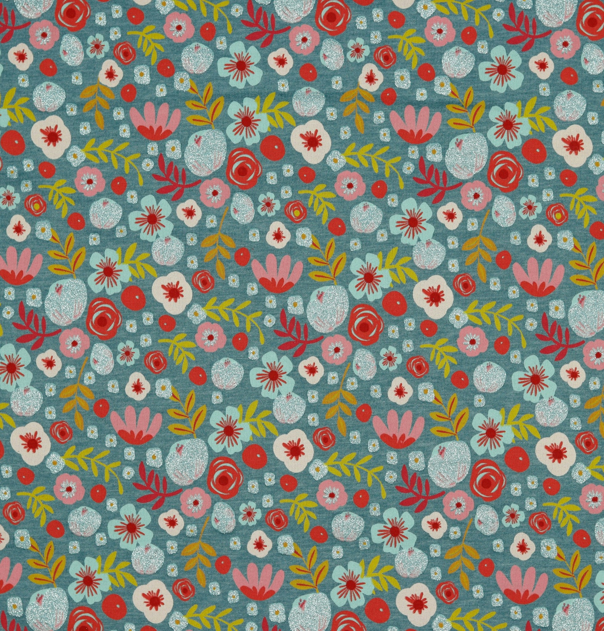 Jersey Glitter Flowers Smoke Blue Melange