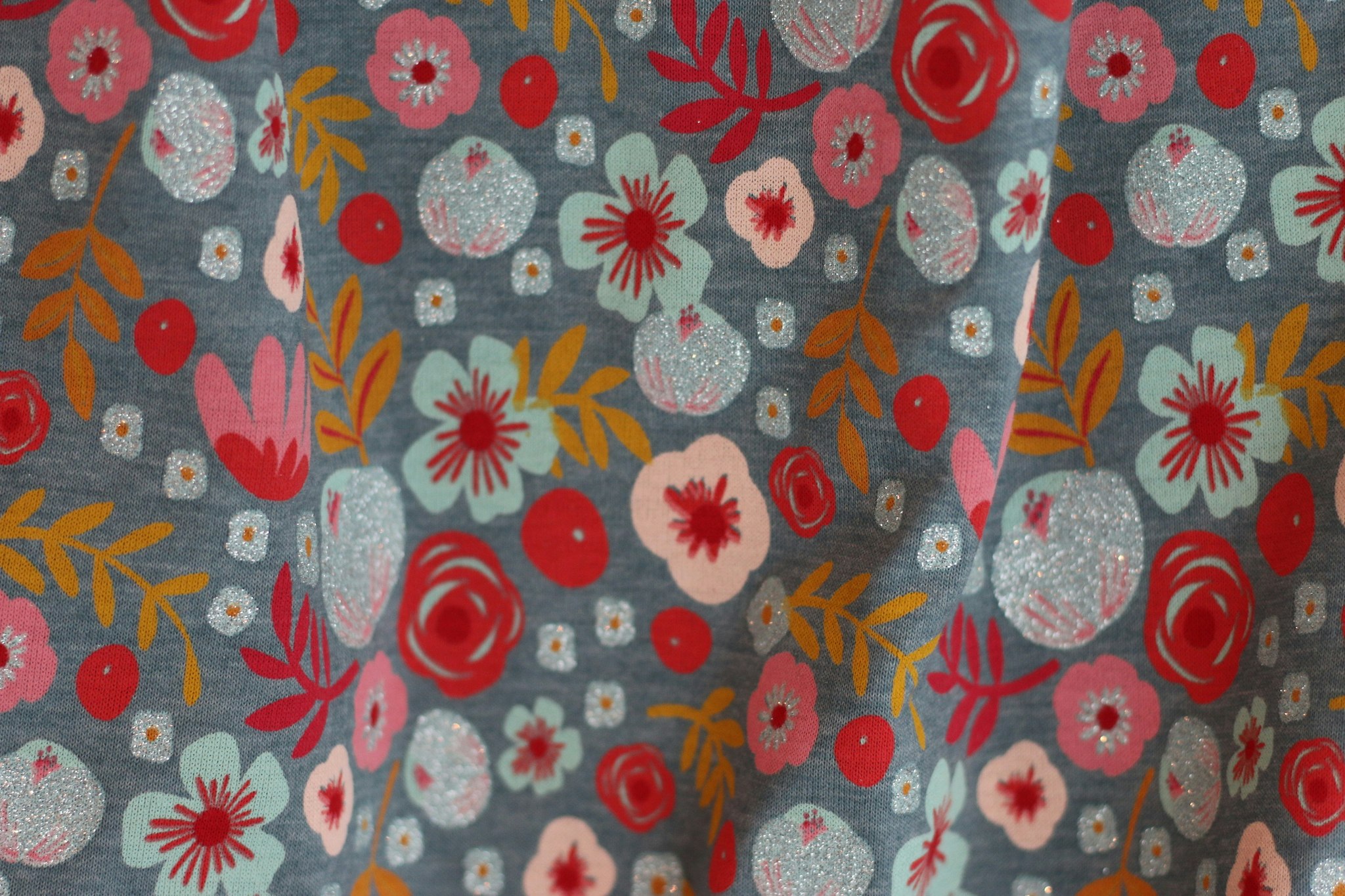 Jersey Glitter Flowers Smoke Blue Melange