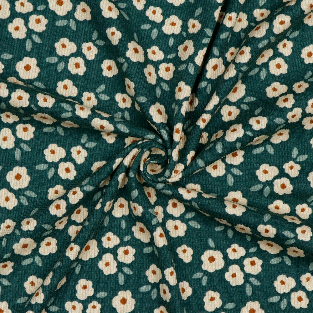 Rib Knit Jersey Petrol Flowers