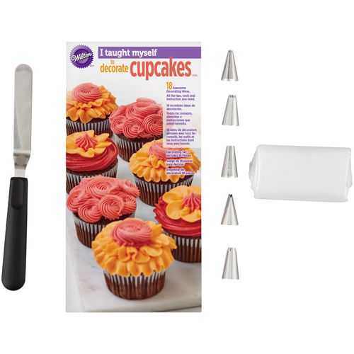 Dekorationsset för cupcakes med palett, tyllar och spritspåsar samt instruktionshäfte