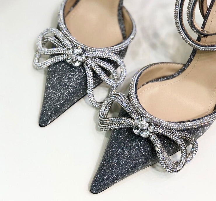 Leah bow heels- dark grey glitter