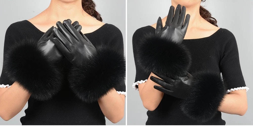 Linda leather fur gloves- black