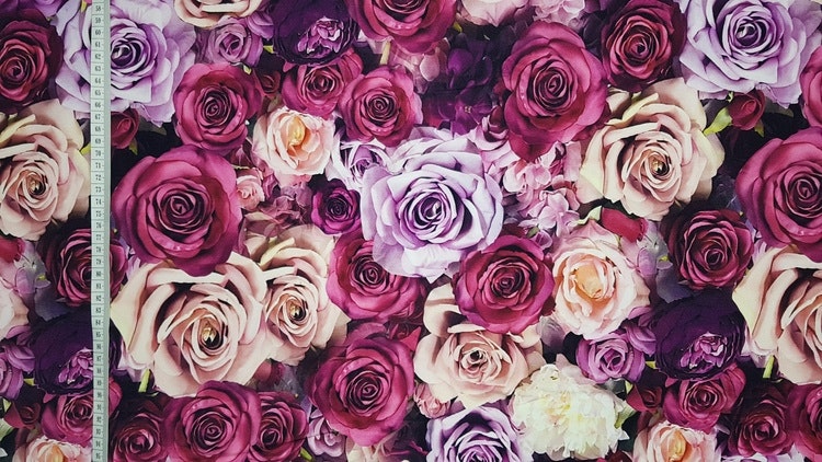 trikå tyg  mönster stuvbit college trikåtyg blommor lila vita rosor ros