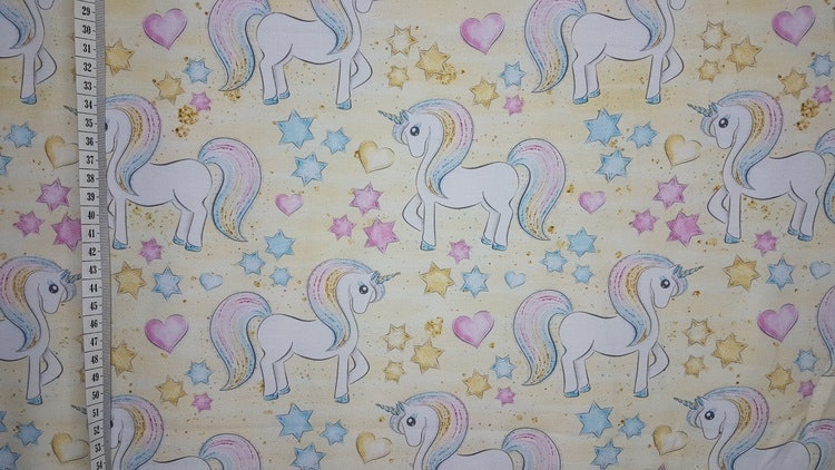 trikå tyg spel mönster stuvbit college trikåtyg enhörningar unicorn gul