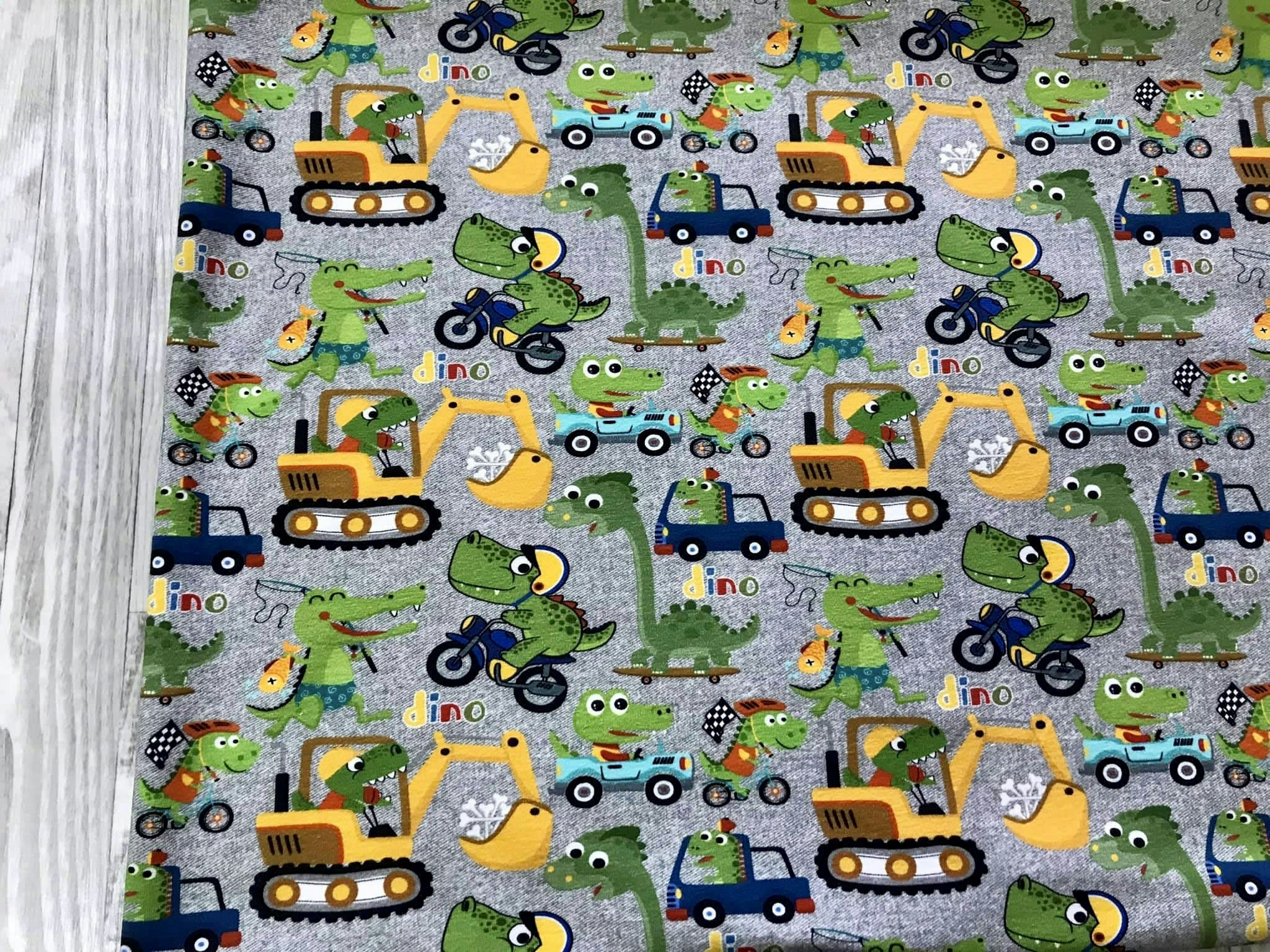 Tyg tyger French Terry college jogging öglad baksida fordon Dino krokodil grävmaskin