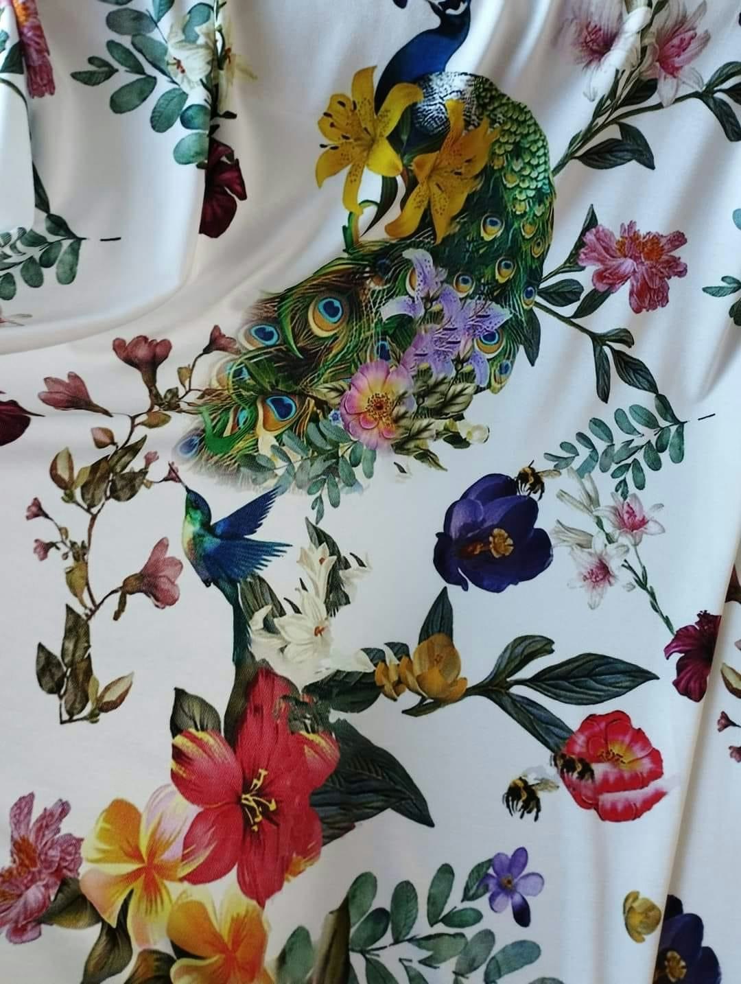 Fåglar Blommor Blad Jersey Viscose