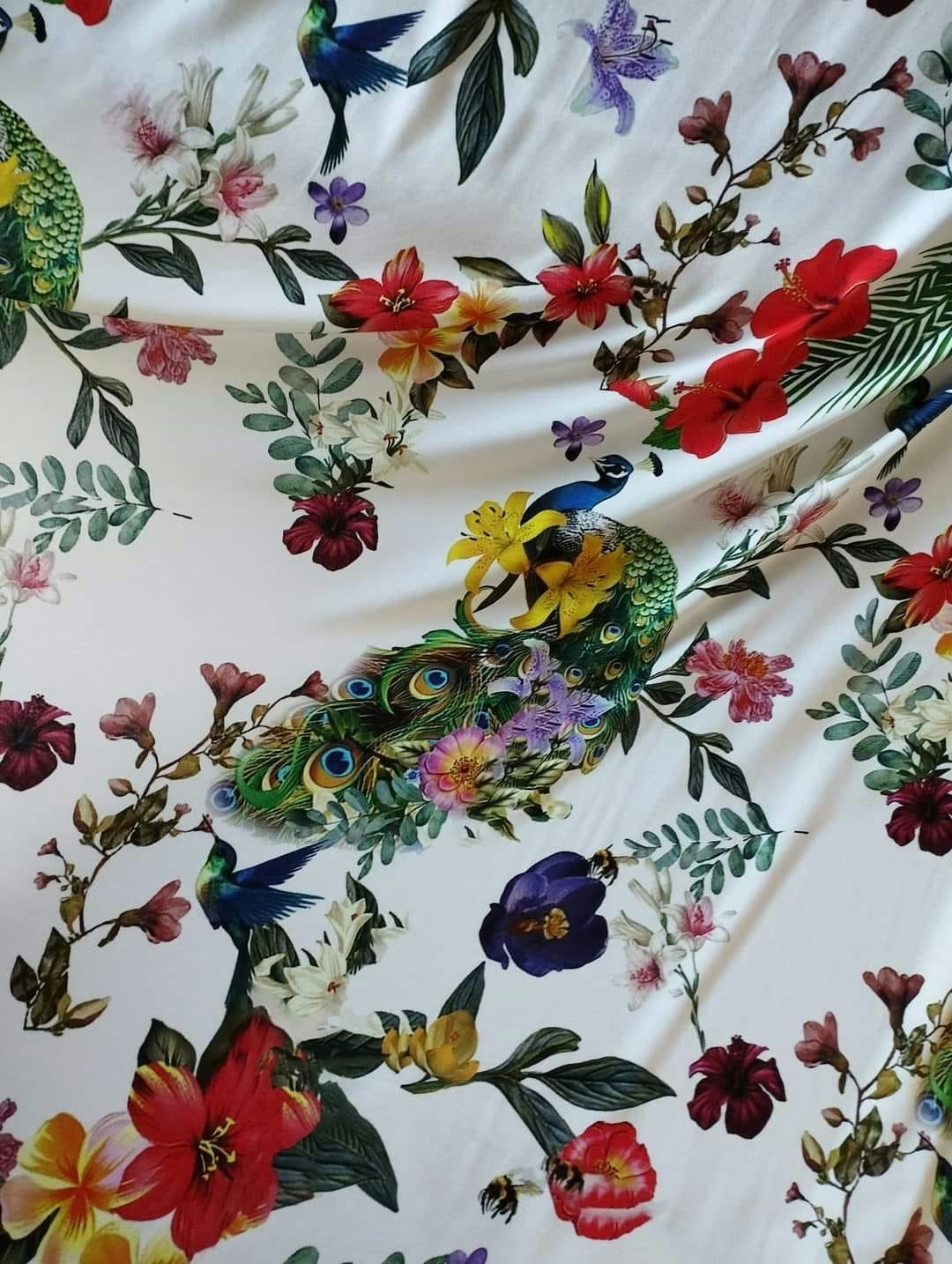 Fåglar Blommor Blad Jersey Viscose