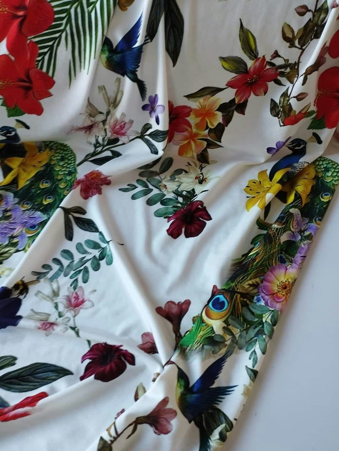 Fåglar Blommor Blad Jersey Viscose