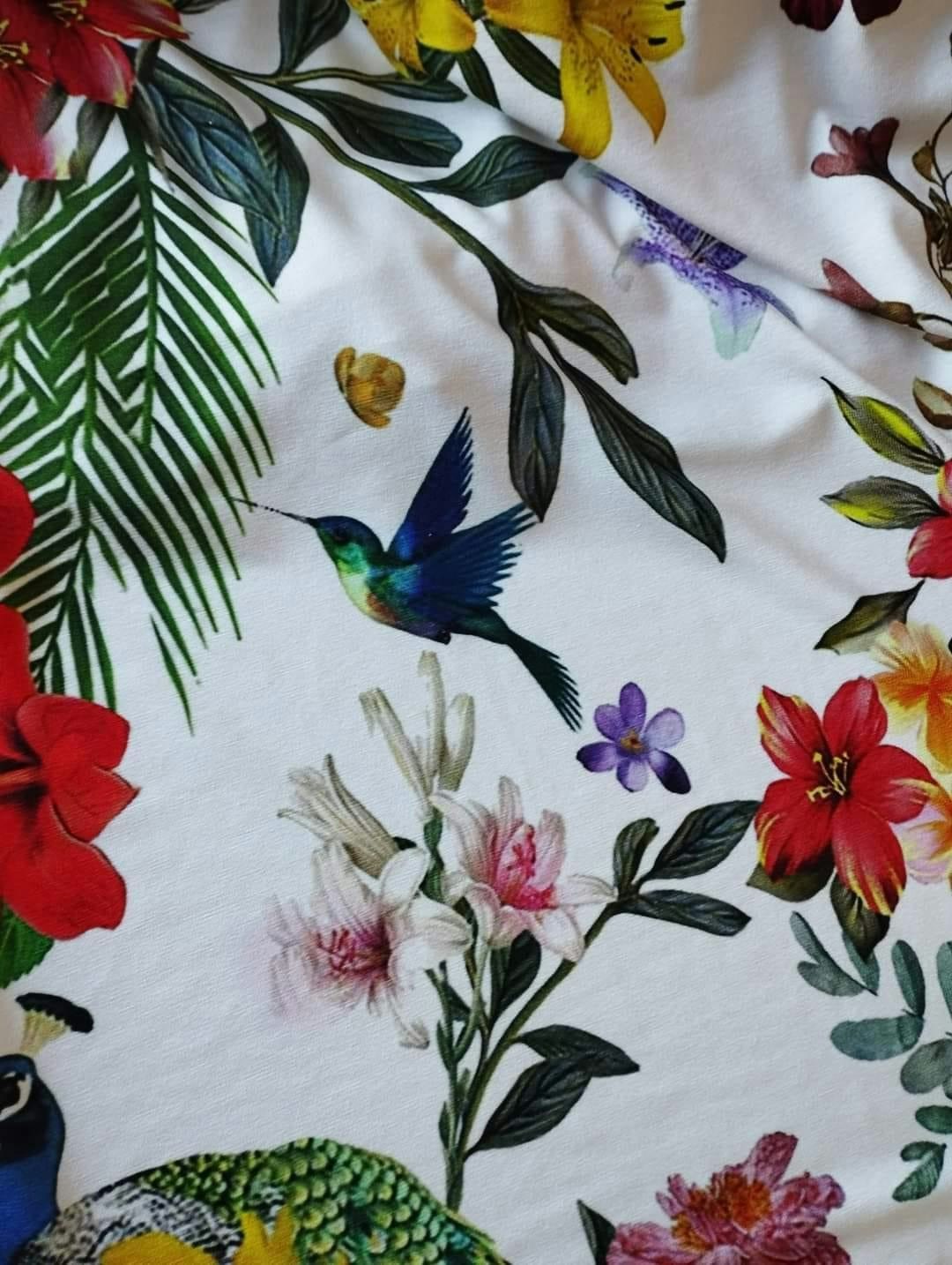 Tyg tyger trikå singel Jersey viscose blommor fågel fåglar