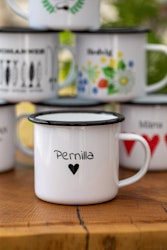 Enamel mug with own design - Name with black heart