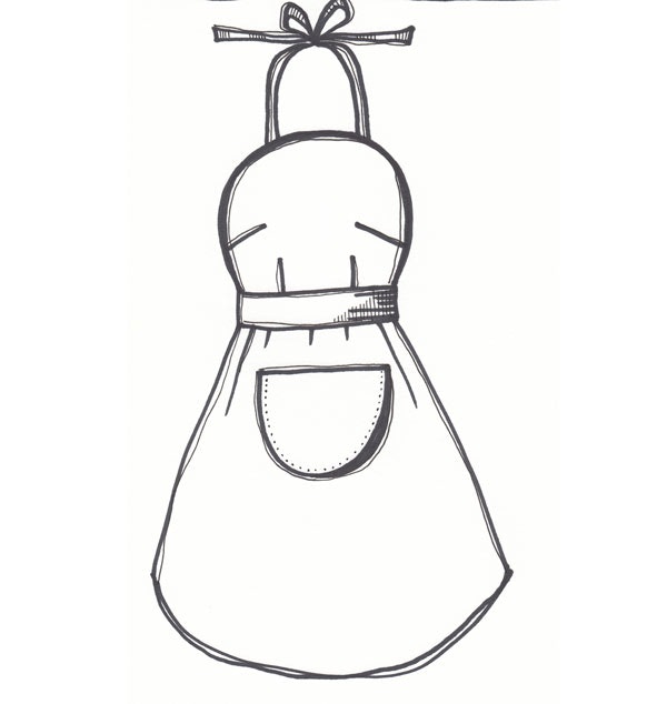 Svart vit illustration av förkläde modell Vimla. Rundat liv med insnitt, midjebälte och knytband runt hals. Rund stor magficka.