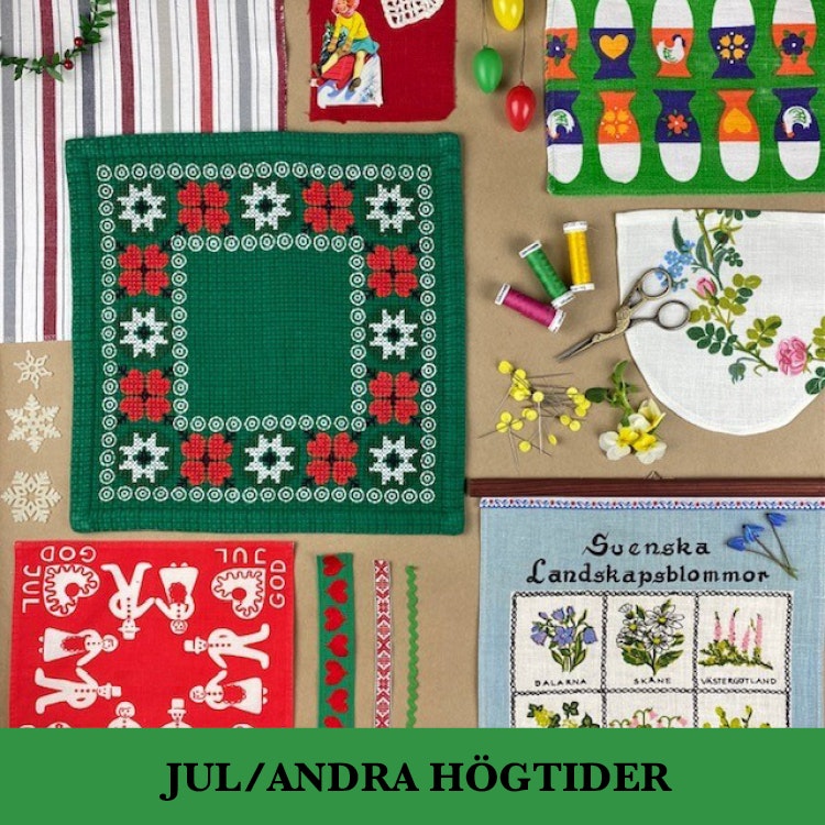 Bildcollage av olika textilier i kategorin jul och andra högtider.