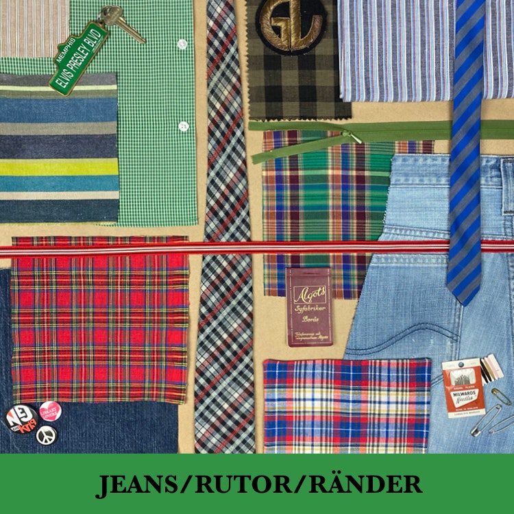 Bildcollage av olika textilier i kategorin jeans, rutor och ränder.