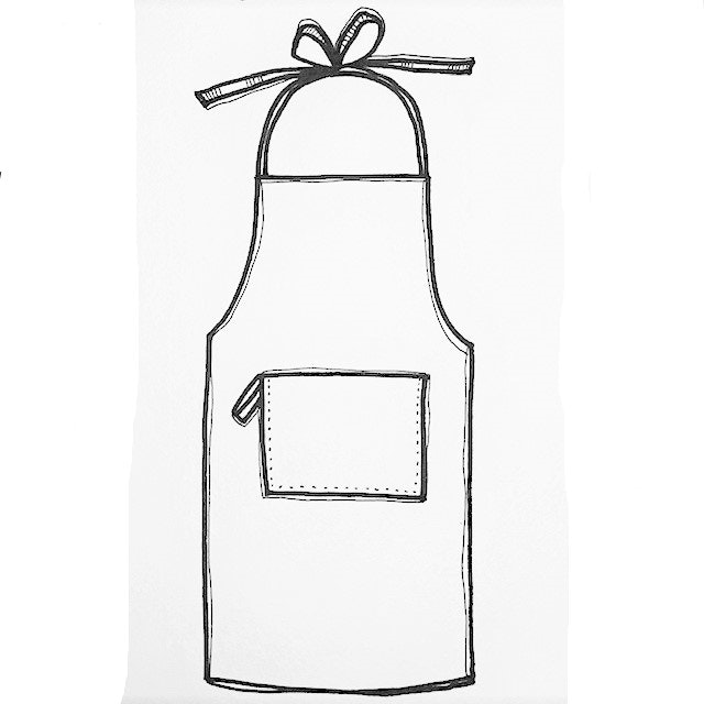Svart vit illustration av förkläde modell Grilla. Rakt liv ,knytband runt hals och midja. Rektangulär stor magficka. Hälla för handduk, släng.
