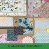 Bildcollage av olika textilier i kategorin romantiskt och blommigt.