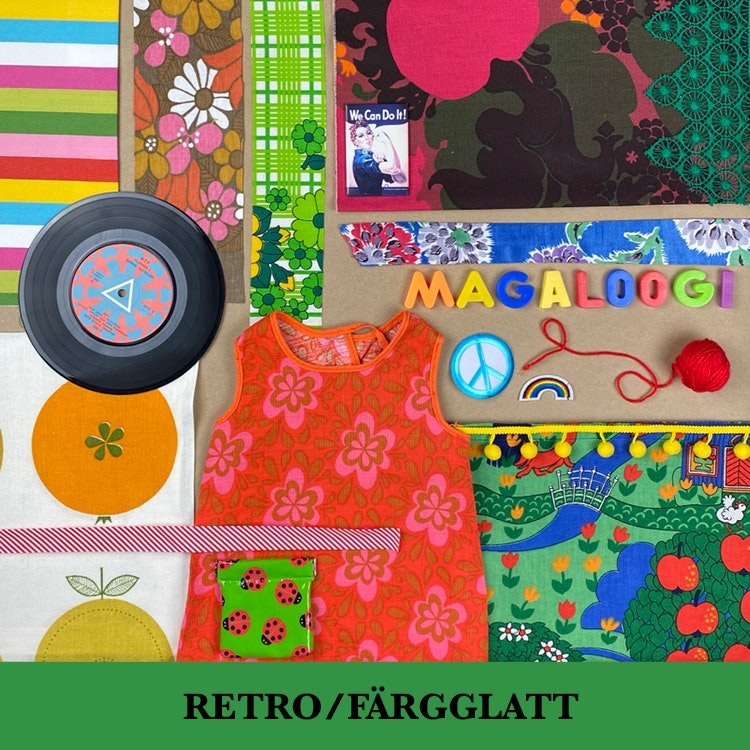 Bildcollage av olika textilier i kategorin retro och färgglatt.