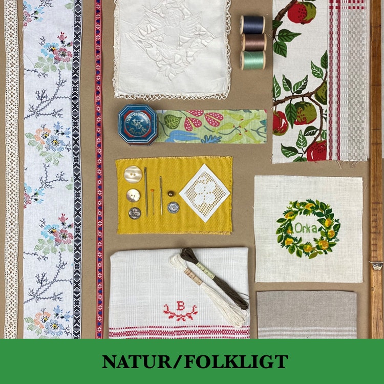 Bildcollage av olika textilier i kategorin natur och folkligt.