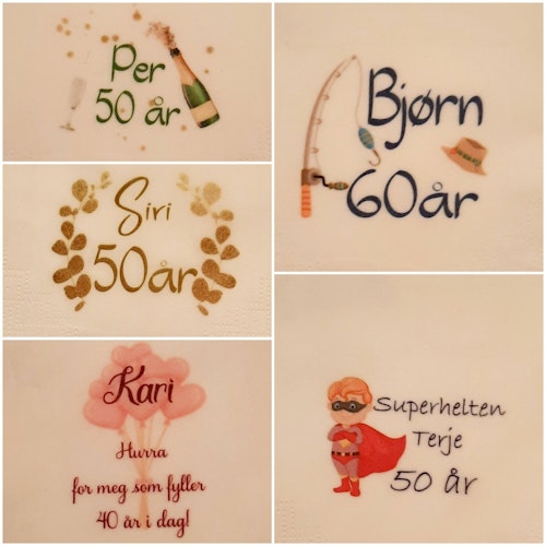 Hvite servietter med personlig trykk