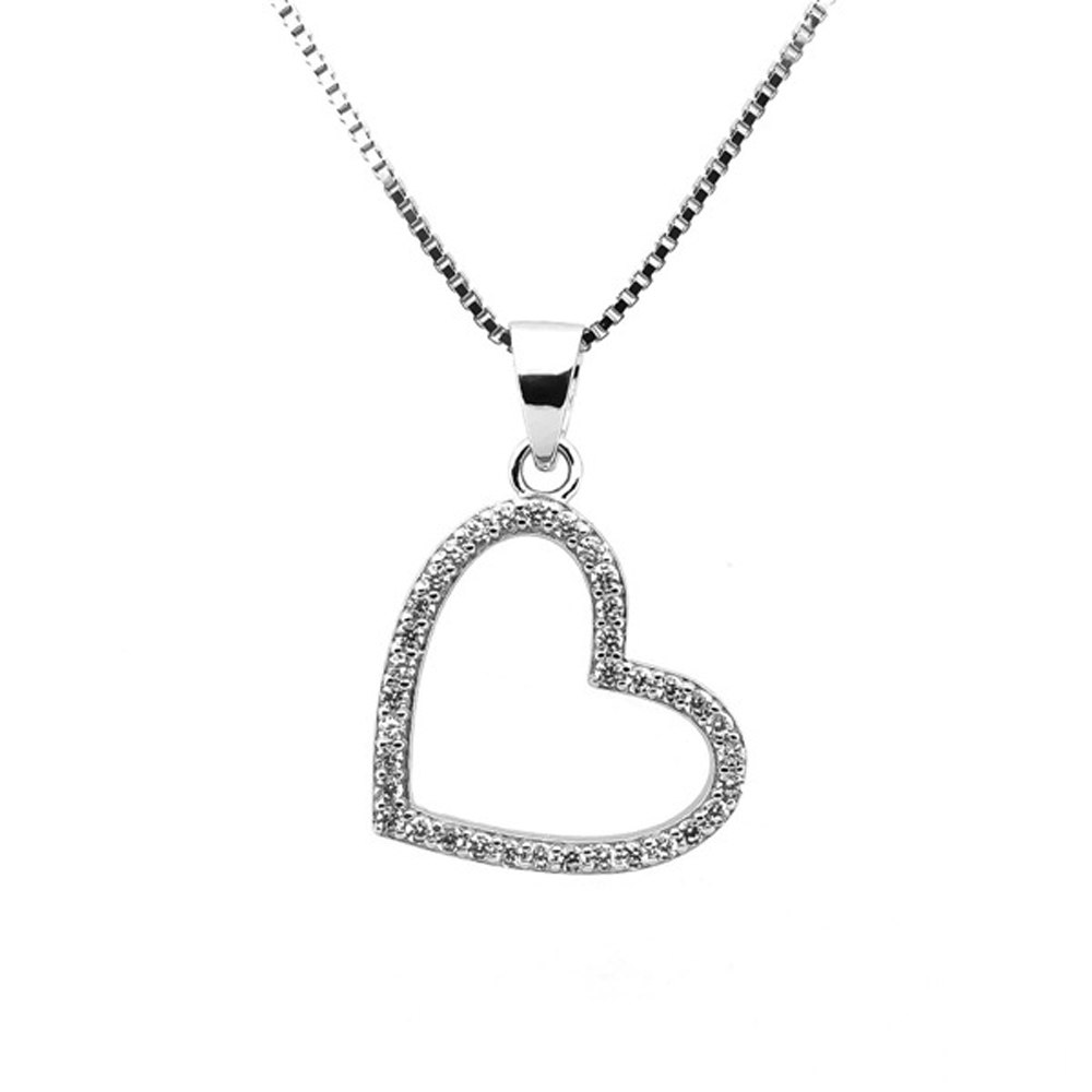 Halsband Hjärta - Stort glittrande Silverhjärta i äkta silver - hjärthalsband med hängsmycke i äkta silver