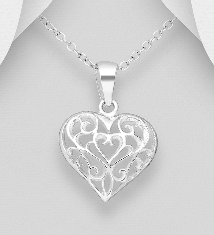 Halsband hjärta - Silverhjärta med vackert mönster - hjärthalsband  i äkta silver