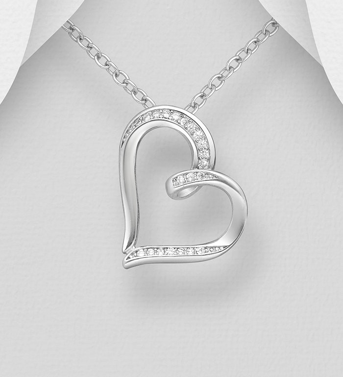 Halsband hjärta - Silverhjärta i elegant design med Cubic Zirkonia stenar - hjärthalsband  i äkta silver