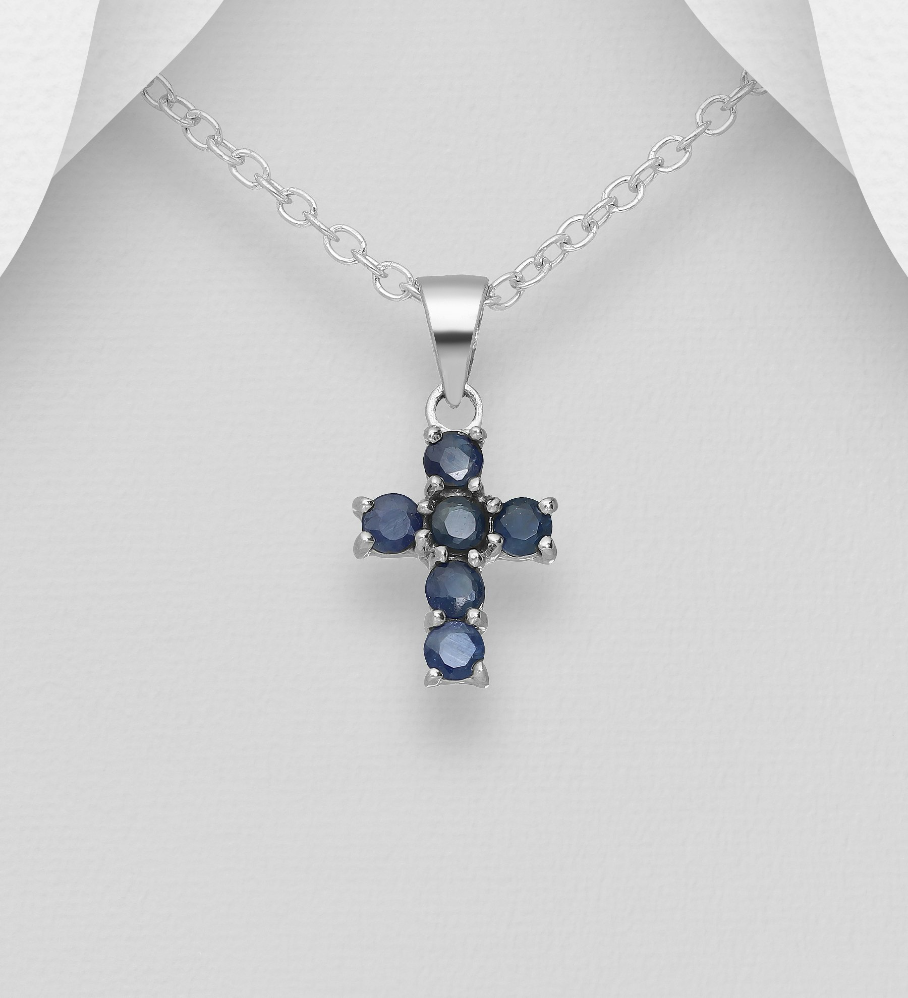 Halsband till barn med silverkors - kors av blå safir till barn - korshalsband i äkta 925 silver