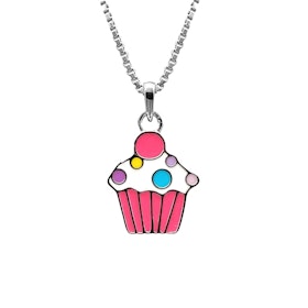 Doppresent flicka - halsband i silver med söt rosa Cupcake