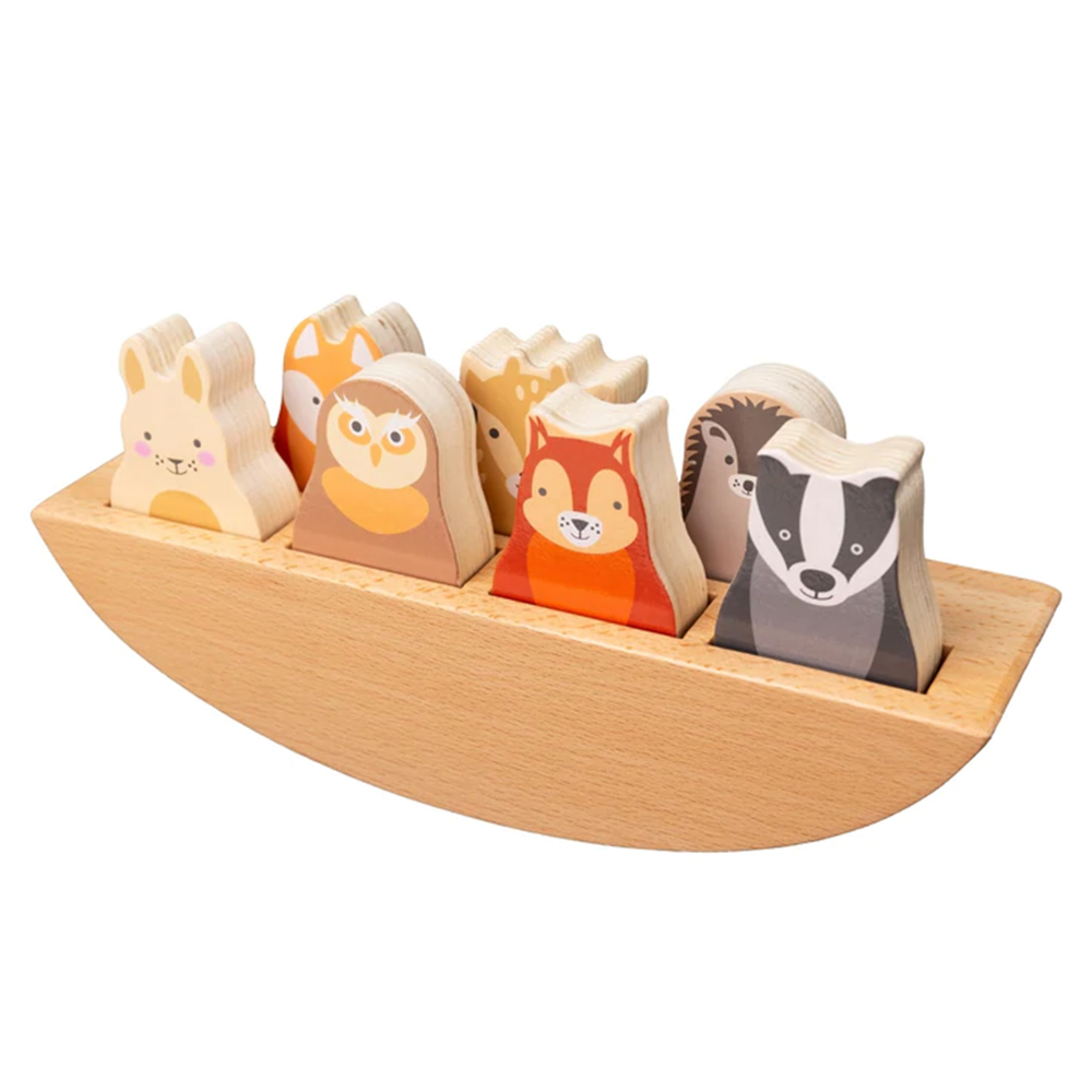 Dekorativ träleksak i bokträ båt med djurfigurer