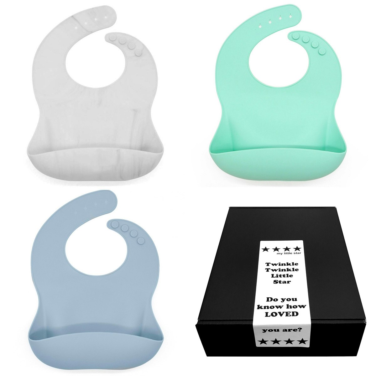 Mjuk haklapp till bebis & barn i silikon 3-pack i presentask vit, mint, blå
