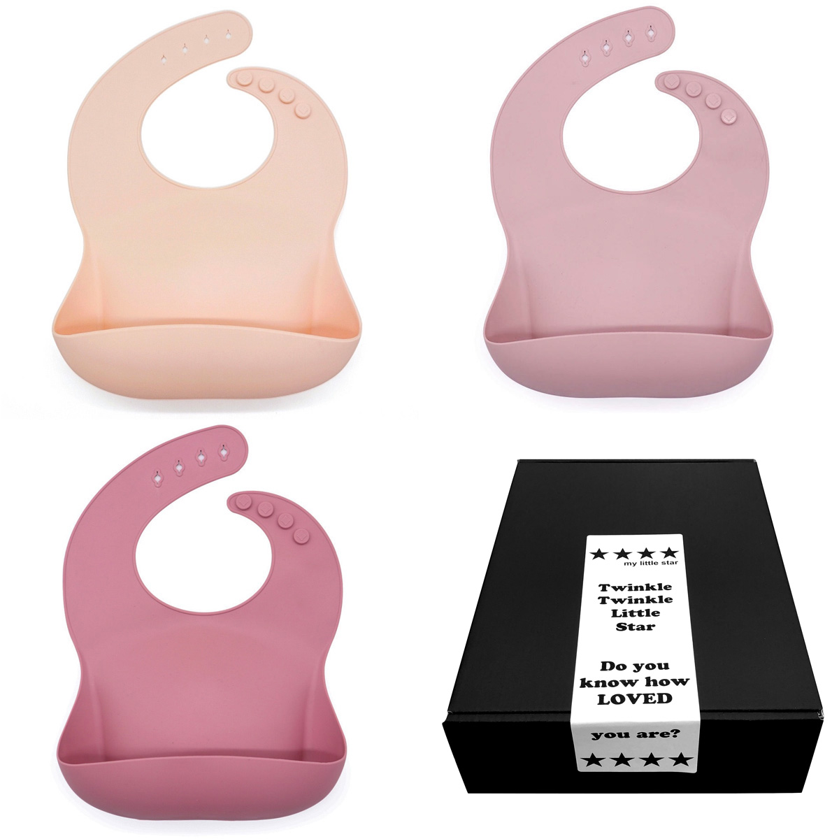 Mjuk haklapp till bebis & barn i silikon 3-pack i presentask natur rosa, lila