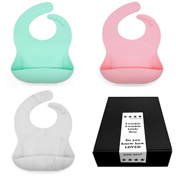 Mjuk haklapp till bebis & barn i silikon 3-pack i presentask turkos, rosa, vit