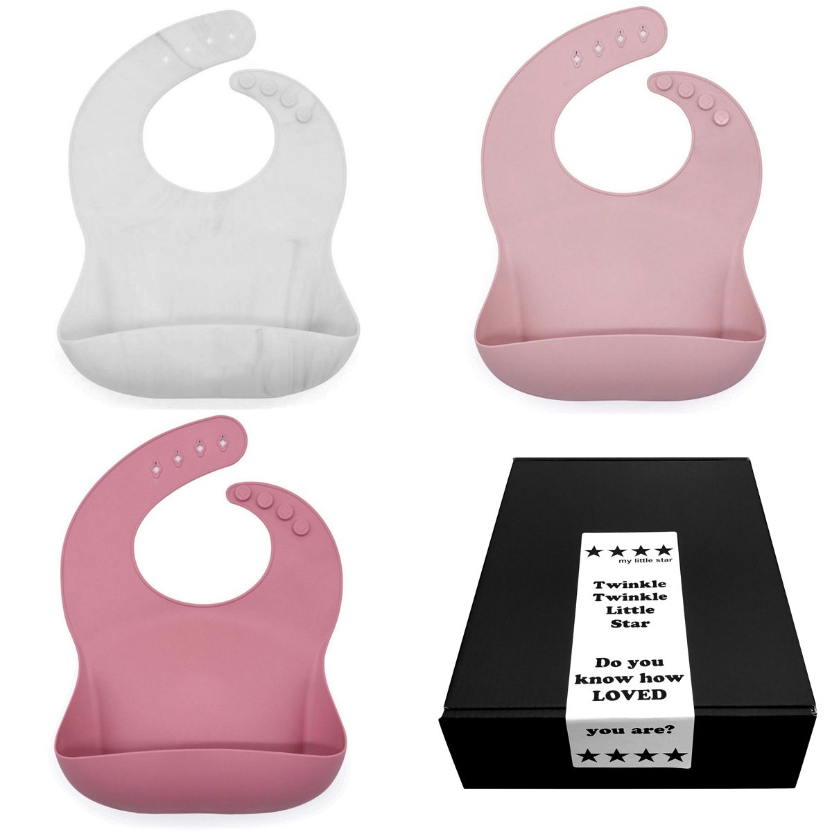 Mjuk haklapp till bebis & barn i silikon 3-pack i presentask vit, rosa, dusty rose