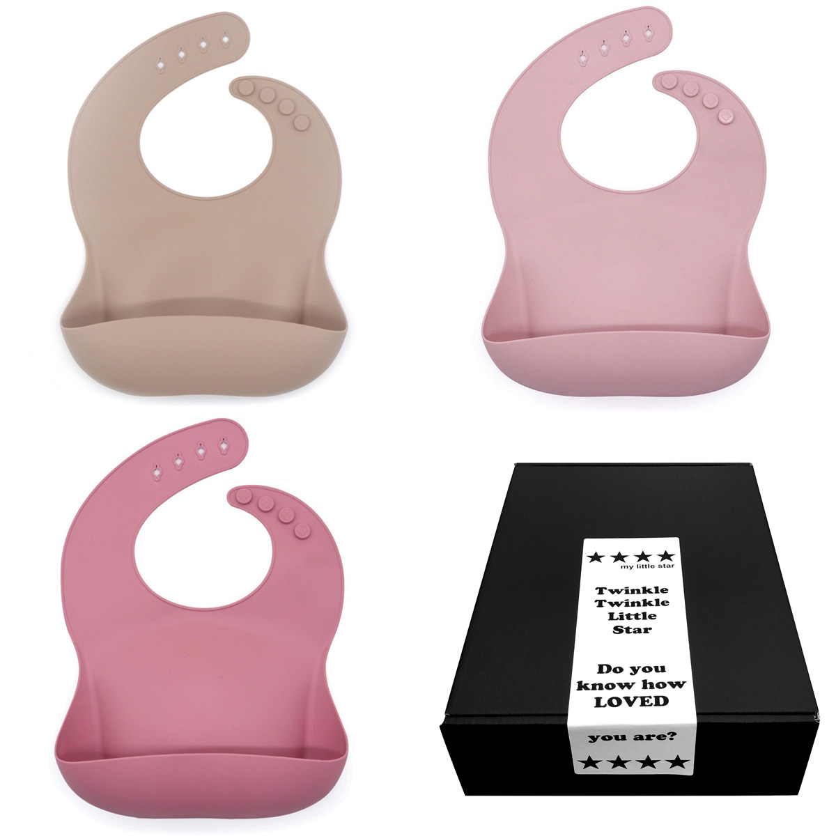 Mjuk haklapp till bebis & barn i silikon 3-pack i presentask kaki, rosa, dusty rose