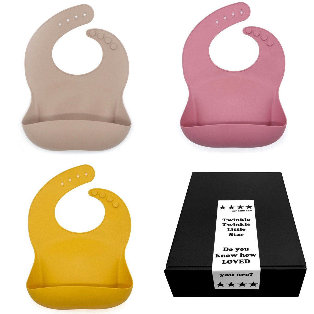 Mjuk haklapp till bebis & barn i silikon 3-pack i presentask kaki, rosa, gul