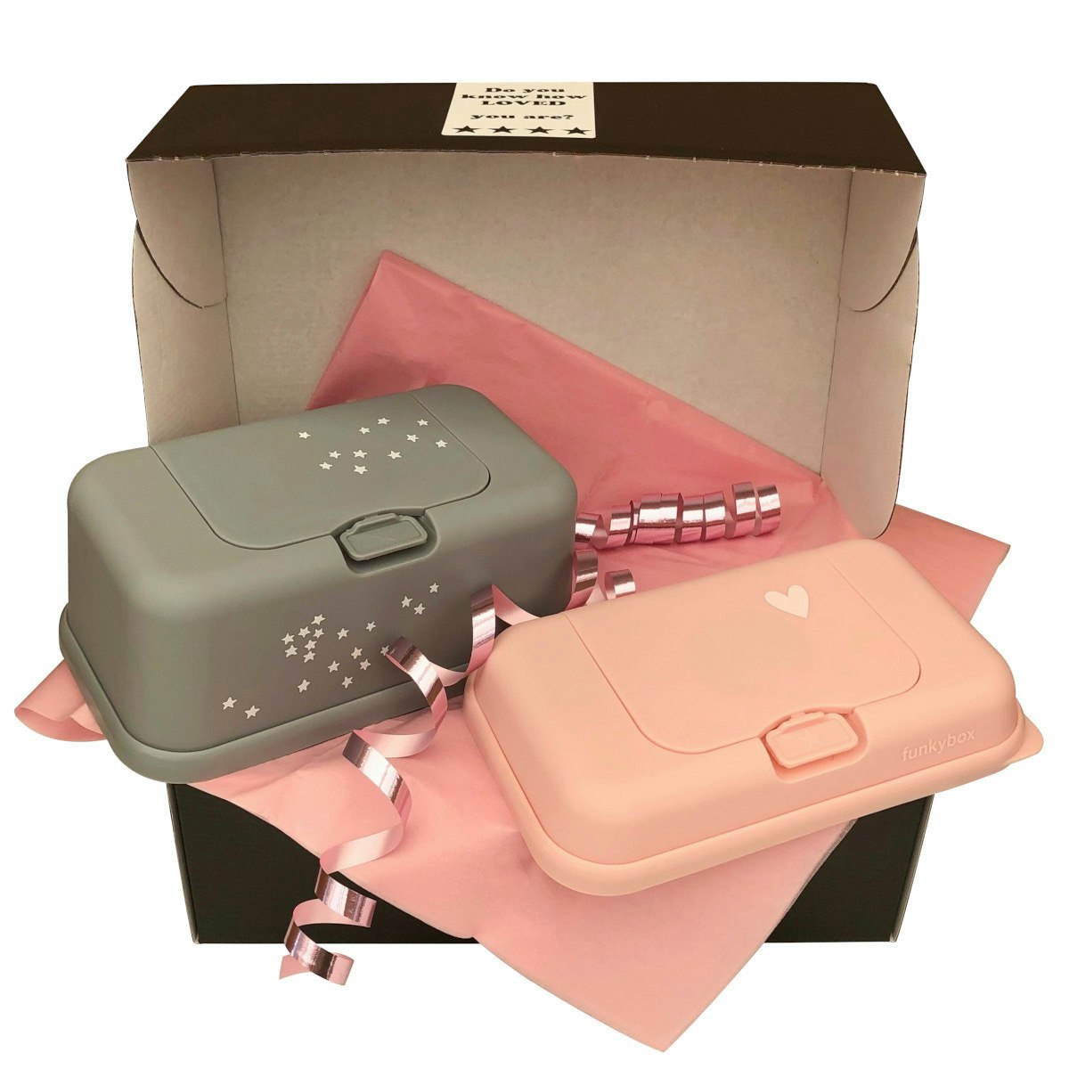 Funkybox present Grey Little Stars & ToGo Pale Pink Heart, bebispresent, nyfödd, babyshower