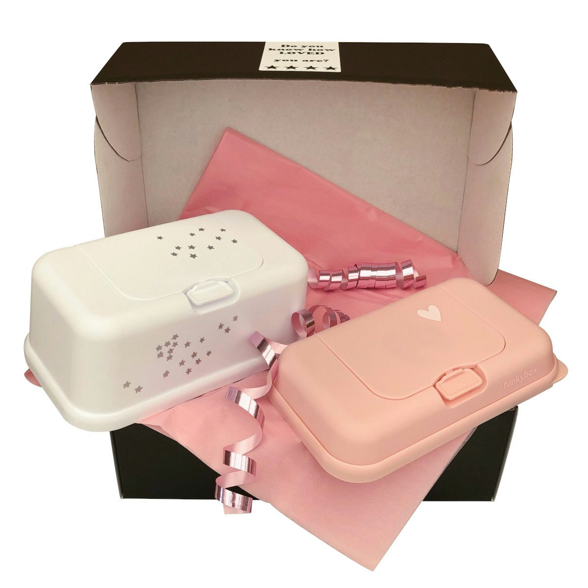 Funkybox present White Little Stars & ToGo Pale Pink Heart, bebispresent, nyfödd, babyshower