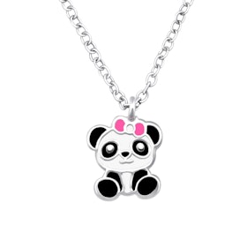 Barnhalsband Panda med rosett - halsband till barn i silver