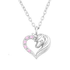 Barnhalsband Enhörning i rosa hjärta - halsband i äkta silver