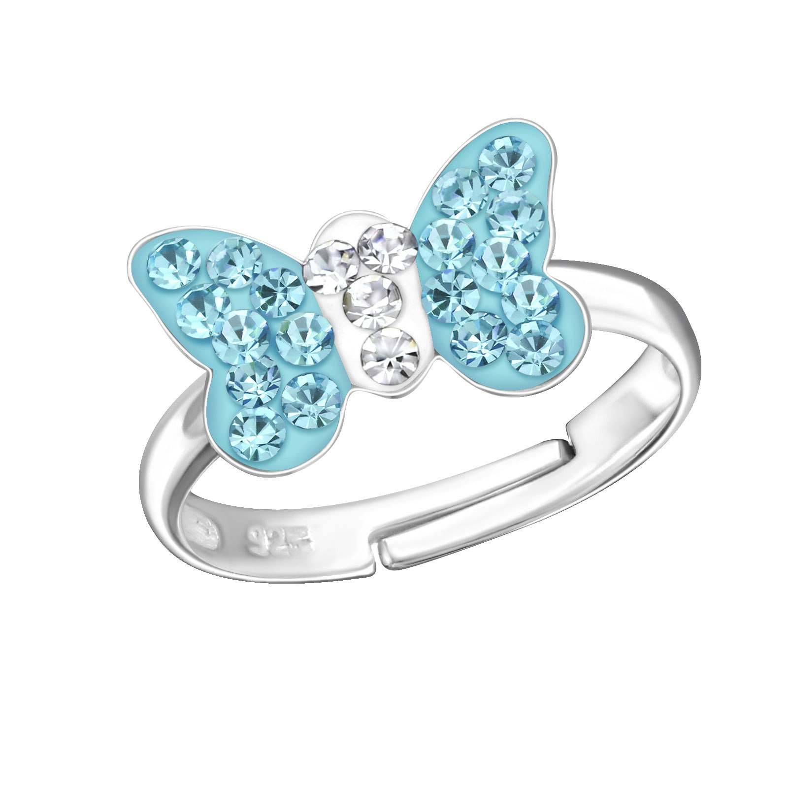 Ring till barn Fjäril ljusblå glitter - söt, justerbar silverring - en barnring i äkta 925 silver