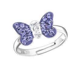 Barnring Fjäril mörklila glitter - söt ring till barn i äkta silver