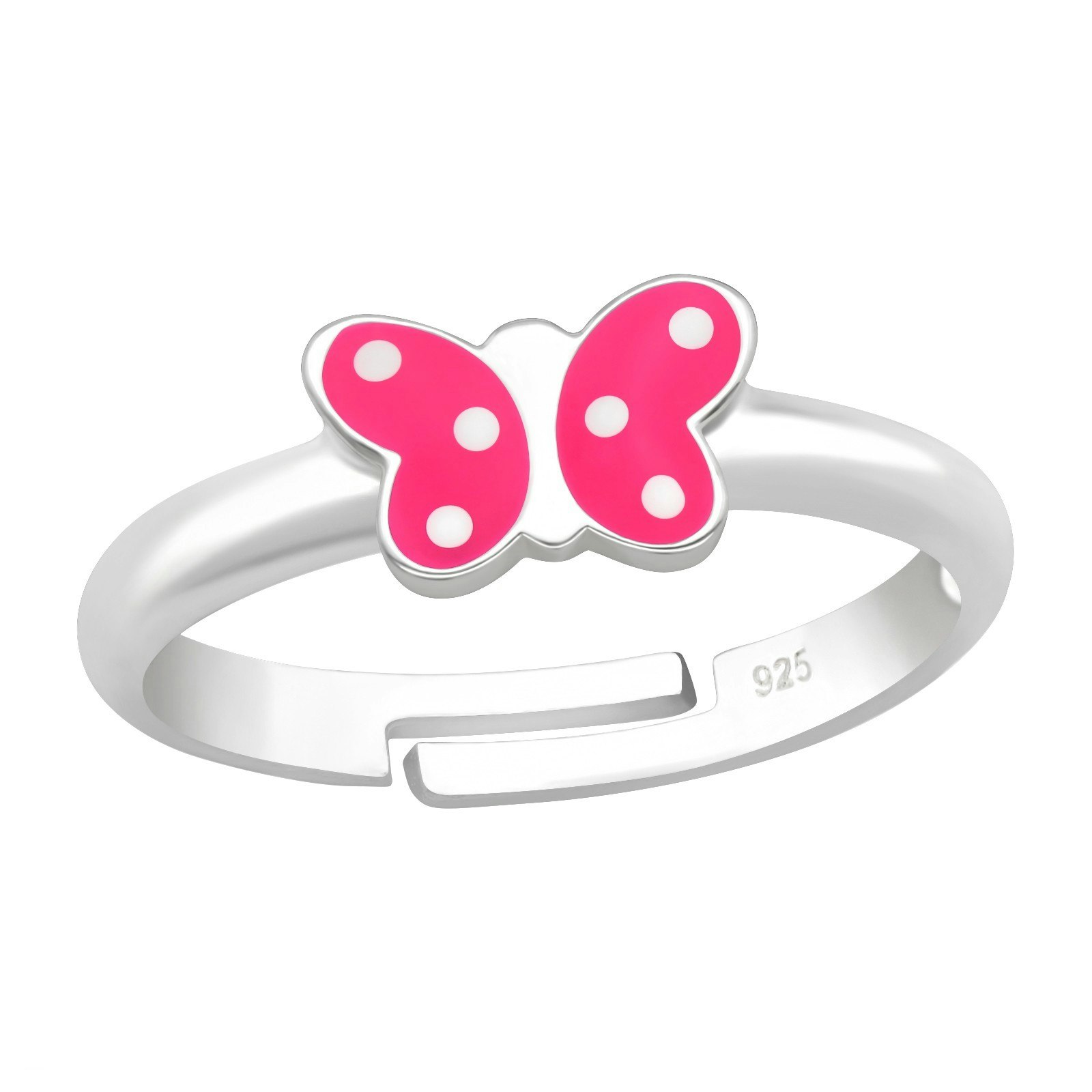 Ring till barn Fjäril rosa prickig - söt, justerbar silverring - en barnring i äkta 925 silver
